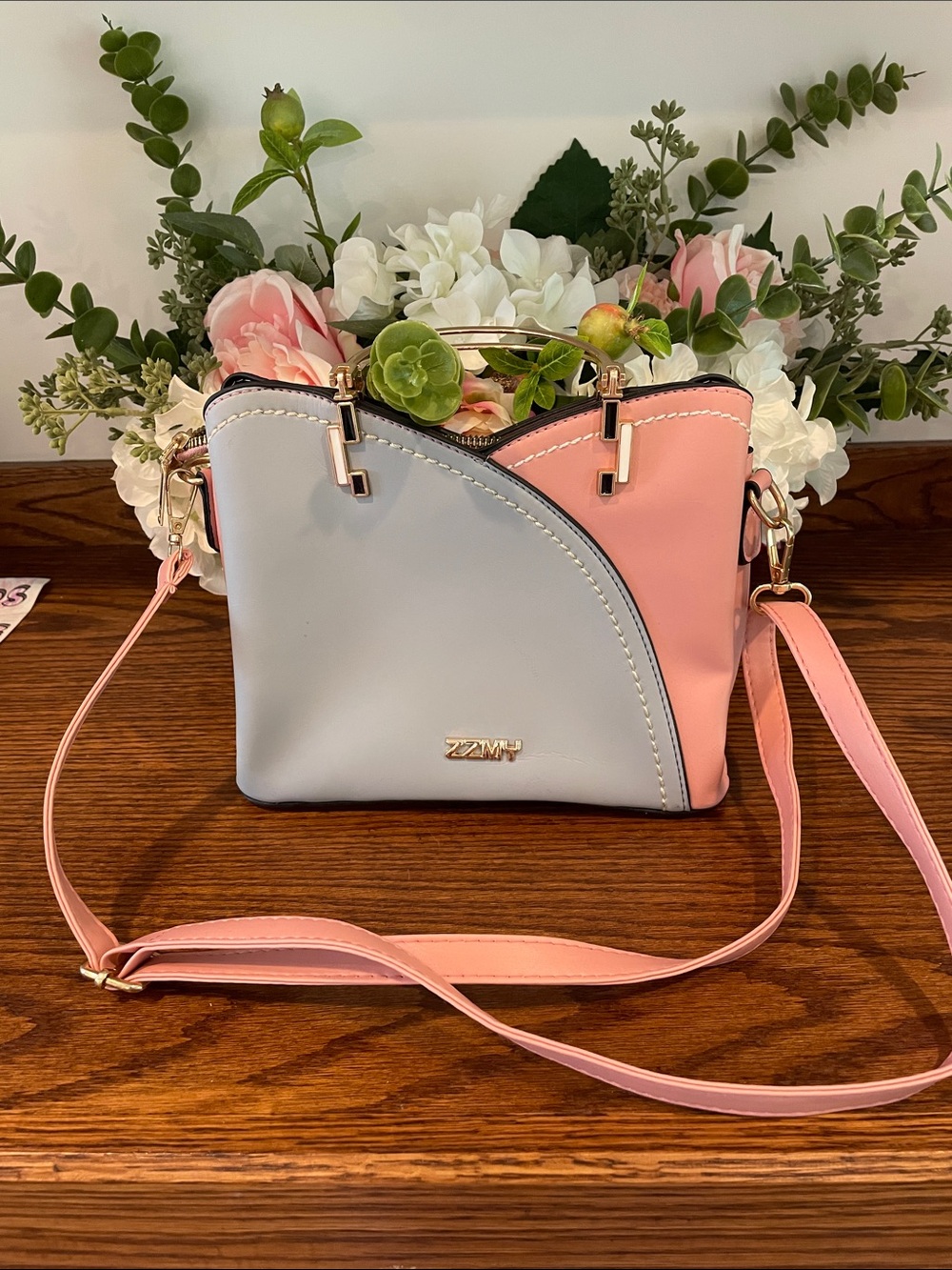 Two-Tone Pink & Light Blue Women's Crossbody Bag with Gold Hardware